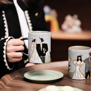 燚坊闹米原创设计师咖啡杯碟套装日式婚礼结婚礼物马克杯手绘手作