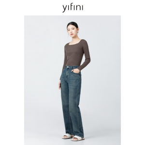 Yifini/易菲复古文艺高腰显瘦直筒牛仔裤女春秋新款休闲长裤