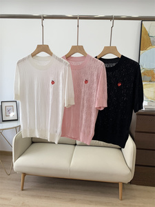 原品 天丝棉桑蚕丝草莓贴布镂空薄款透气圆领弹力针织短袖T恤夏季