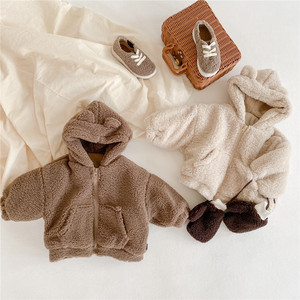 羊羔毛外套中小童秋冬季洋气加绒夹棉时尚连帽小熊耳朵儿童上衣
