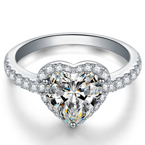 s925银心形钻戒女甜美粉钻黄钻结婚仿真钻石镀白金可镶莫桑石戒指
