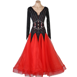 新款镶钻摩登舞连衣裙比赛演出服长袖国标舞大摆裙华尔兹舞裙黑红