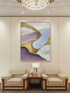 纯手绘肌理新中式竖版壁画金箔装饰画海浪客厅玄关过道走廊铝合金