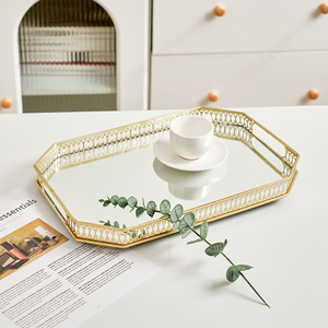 欧式镜面玻璃金色收纳托盘家用客厅茶几轻奢高级感长方形茶杯盘子