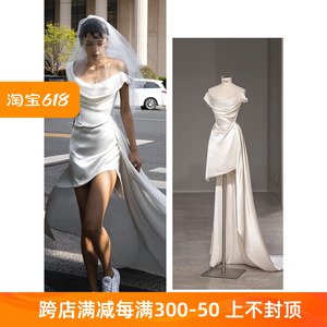 小众轻婚纱法式简约缎面一字肩高级感气质新娘白色旅拍短款小礼服