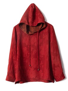 2024春季新款休闲红色牡丹连帽冠乐绉设计桑蚕丝真丝舒适气质衬衫