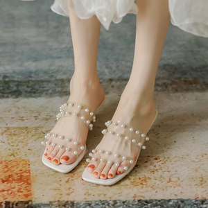 珍珠拖鞋女夏季2024新款凉拖温柔时尚透明带法式小跟凉鞋女仙女风