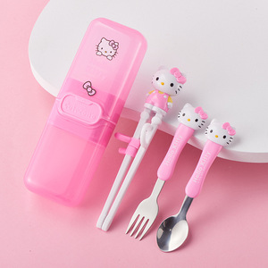 新款凯蒂猫学习筷儿童女宝宝辅助吃饭餐具勺子叉子调羹304不锈钢