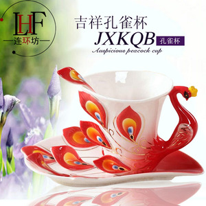 3D手绘陶瓷创意孔雀骨瓷咖啡杯碟勺情人节对杯子欧式茶杯套装水杯