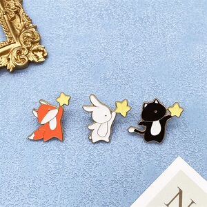摘星星的小动物设计合金珐琅胸针 可爱的小狐狸兔子徽章礼物挂件