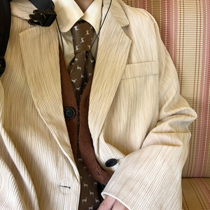 美式复古vintage条纹灯芯绒西装外套男秋季高级感宽松BF休闲西服