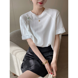 PINKEEN白色新中式流苏短袖T恤女夏季2024国风简约设计感小众上衣