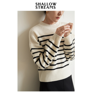 SHALLOW STREAMS 短款套头圆领条纹羊毛衫针织衫女秋冬打底毛衣