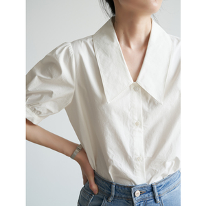 SS STUDIO 棉质复古V领通勤短袖白衬衫女设计感 法式职业衬衣上衣