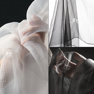 微肌理褶皱麻纱 纯白色绉纱透视垂顺礼服婚纱网布服装设计师布料