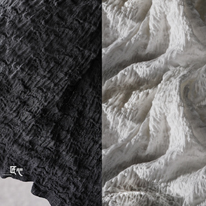黑色再造棉麻刺绣褶皱 立体蓬松特殊肌理个性再造服装设计师布料
