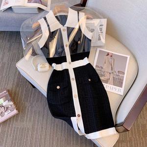 法国外贸女装剪标polo领无袖针织连衣裙女气质黑白拼色紧身包臀裙