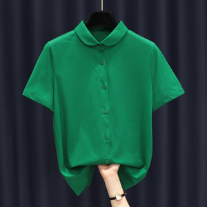 韩国绿色短袖Polo衫女夏季新款白色上衣休闲气质衬衫衬衣纯棉t恤