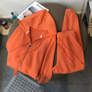 韩国拉链橘色短款卫衣女套装春秋薄款新款宽松运动休闲时尚两件套