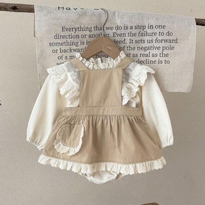 韩国秋装新款女宝宝背心裙蕾丝领包屁衣两件套婴儿公主连衣裙套装