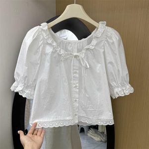 夏季女装小个子短袖衬衣设计感小众休闲上衣百搭短款独特白色衬衫
