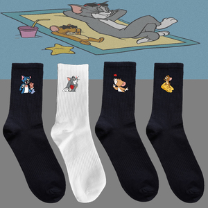 4双猫和老鼠袜子男女潮流百搭个性篮球运动袜棉袜高筒长袜情侣袜