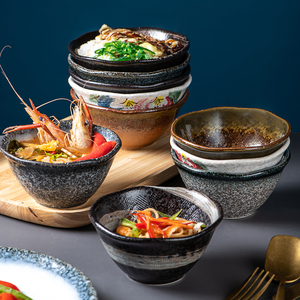 日式家用陶瓷米饭碗面碗汤碗甜品碗韩式雪冰碗创意复古餐具斗笠碗