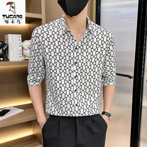 啄木鸟男士花纹衬衫夏季新款小众韩版设计七分袖衬衣冰丝垂感痞帅