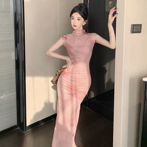 新中式法式性感半高领包袖连衣裙气质高腰修身中长款显瘦茶歇裙潮