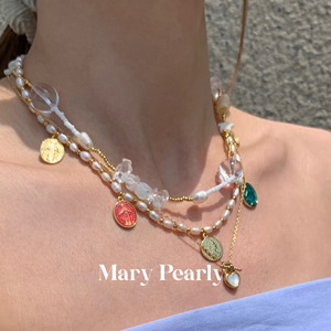 Mary Pearly 23ss 小众ins法式复古天然珍珠金币贝壳锁骨链项链