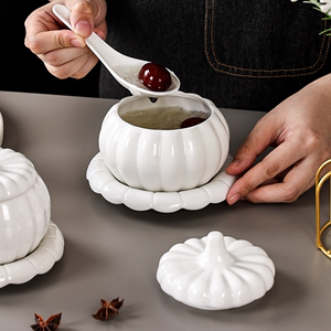 创意陶瓷南瓜碗一人份甜品养生炖盅耐高温带盖汤碗美容院月子餐具