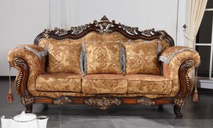 欧式沙发欧式全实木雕花棕红色仿古别墅沙发欧式古典花布沙发组合
