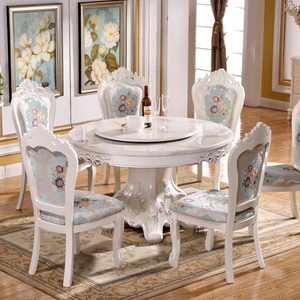 大理石饭桌1桌6椅简约欧式圆桌带转盘实木圆形餐桌椅组合家用桌子