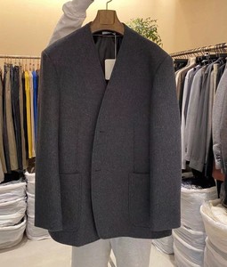 韩国代购东大门男装V领冬季羊绒羊毛微阔单排扣夹克西服外套