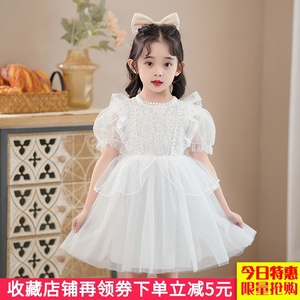 儿童白色公主裙子夏季红色表演服女童短袖连衣裙幼儿园舞蹈演出服