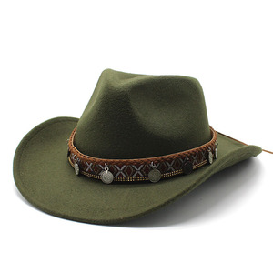 军绿色西部牛仔帽毛呢礼帽秋冬新款时尚凹造型男女士毛毡爵士帽