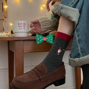 圣诞袜子氛围感 圣诞老人来下雪羊毛袜厚实堆堆袜条纹中筒袜女袜