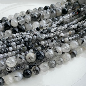 天然无优化黑发晶水晶散珠手链项链散珠子diy半宝石饰品串珠圆珠