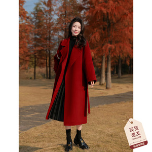 新年红色羊毛大衣女2024年冬装法式小个子长款双面羊绒呢子外套