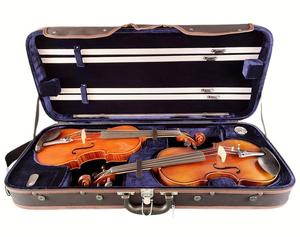 艺鸣乐器-黑色防潮木质夹板双琴盒 两只装小提琴盒 双肩  容4支弓