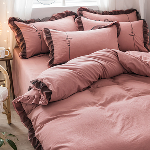公主风水洗棉床上四件套网红床单被套三件套女生粉色花边床品床笠