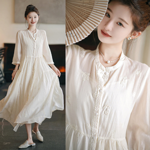 大喜自制【现货】木棉树下｜时尚刺绣衬衫裙女夏季白色长款连衣裙
