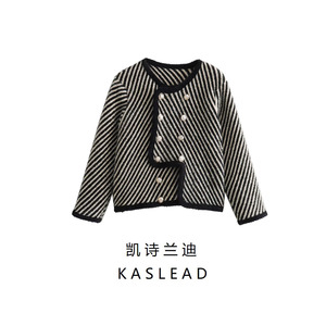 KASLEAD 新款 女装 欧美风斜纹撞色提花不规则双排扣针织毛衣外套