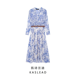 KASLEAD 新款 女装 欧美风时尚配腰带叠层装饰印花连衣裙 2298077