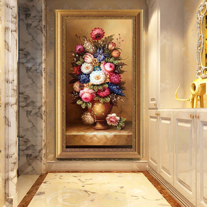 欧式古典花卉油画花开富贵美式玄关走廊过道竖版有框装饰挂画牡丹