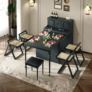美式复古风餐桌家用小户型可折叠伸缩餐桌椅组合餐边柜一体桌黑色