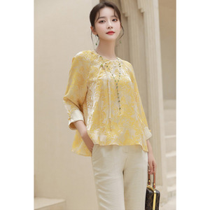 唐装中国风女装国风小衫人丝宽松复古新中式上衣女士衬衫黄色夏季