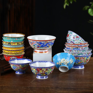 景德镇陶瓷碗单个高脚防烫米饭碗中式泡面汤碗碟套装家用仿古寿碗