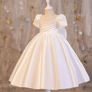 女童礼服花童婚礼白色公主裙缎面走秀钢琴表演婚纱儿童连衣裙薄款