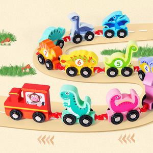 儿童恐龙小火车挂钩动物积木拖拉小车宝宝益智拼接木制玩具木头车